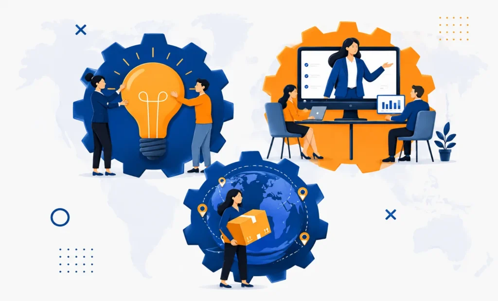 Illustration of idea, collaboration, and delivery as interlocking gears