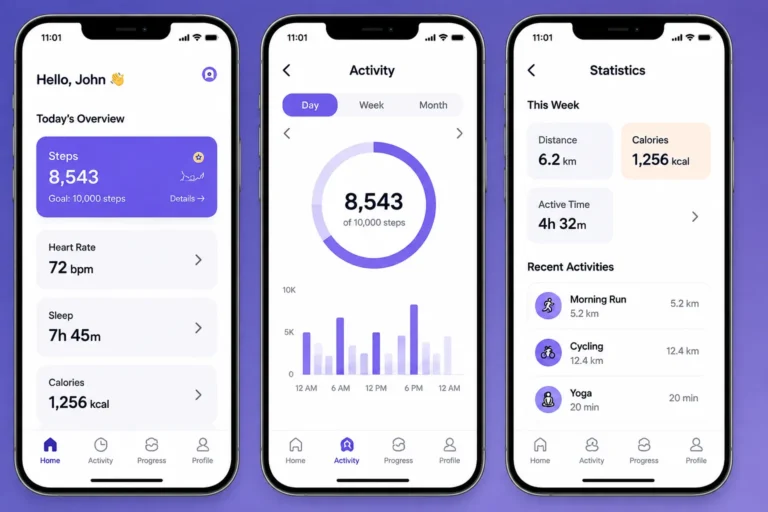 Mobile fitness app mockup showing steps, heart rate, and weekly activity