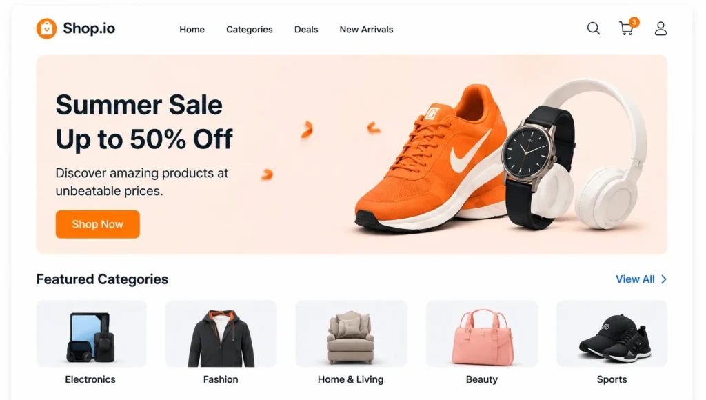 E-commerce website mockup with a sale banner and product categories
