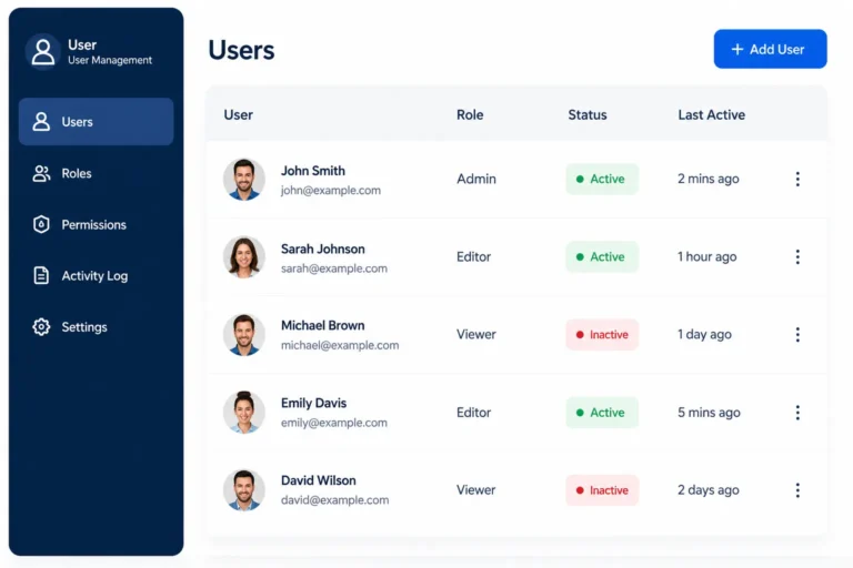 User management dashboard mockup with roles and activity status