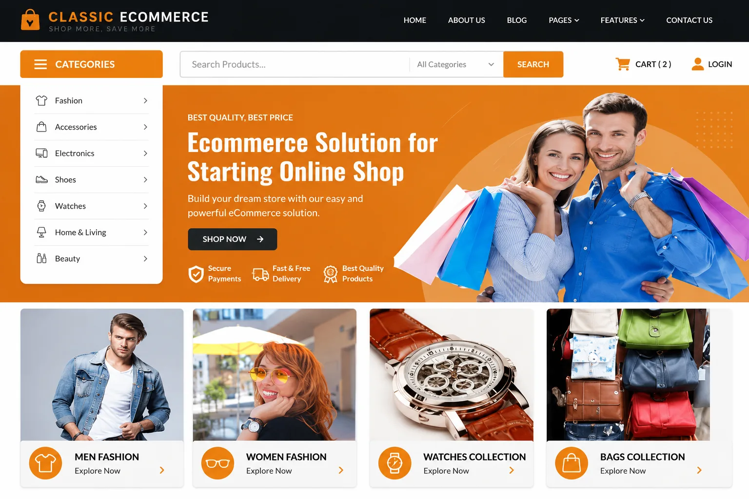 E-commerce website mockup with product search and fashion categories