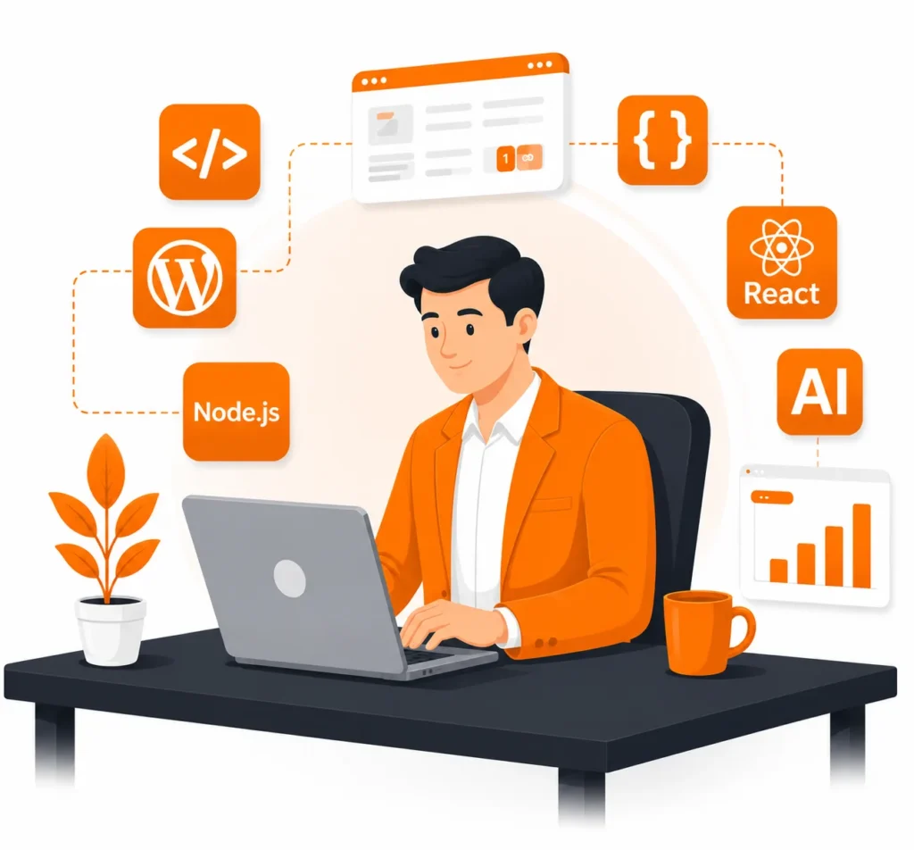 Developer at a laptop with WordPress, React, Node.js, and AI icons
